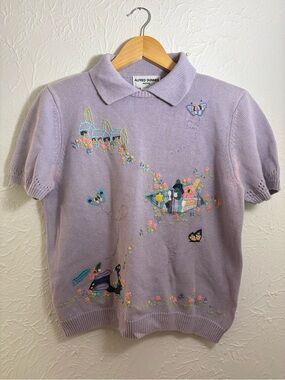 Vintage Alfred Dunner Lavender Purple Embroidered Short Sleeve Knit Sweater
